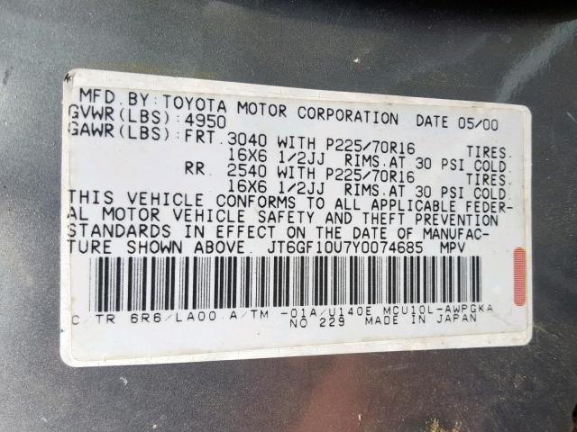 JT6GF10U7Y0074685 - 2000 LEXUS RX 300 GRAY photo 10