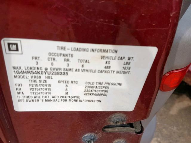 1G4HR54K0YU238335 - 2000 BUICK LESABRE LI RED photo 10