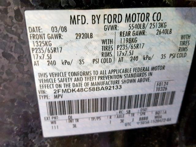 2FMDK48C58BA92133 - 2008 FORD EDGE SEL BLUE photo 10