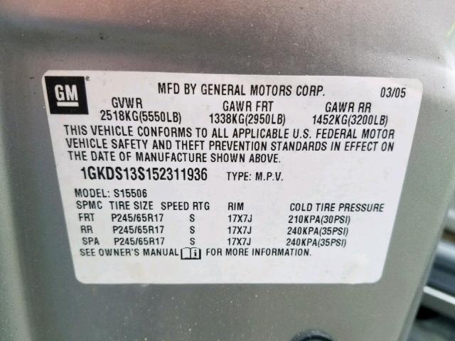 1GKDS13S152311936 - 2005 GMC ENVOY SILVER photo 10