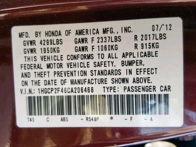 1HGCP2F46CA206468 - 2012 HONDA ACCORD LXP BURGUNDY photo 10