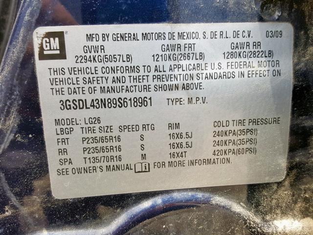 3GSDL43N89S618961 - 2009 SATURN VUE XE BLUE photo 10