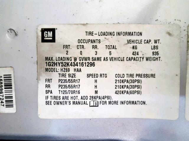 1G2HY52K434161296 - 2003 PONTIAC BONNEVILLE SILVER photo 10