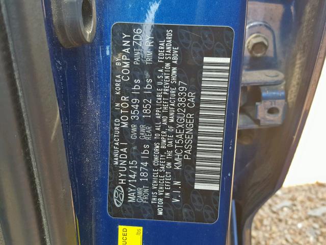 KMHCT5AEXGU238397 - 2016 HYUNDAI ACCENT SE BLUE photo 10