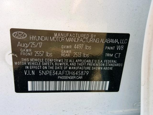 5NPE34AF1JH645879 - 2018 HYUNDAI SONATA SPO WHITE photo 10