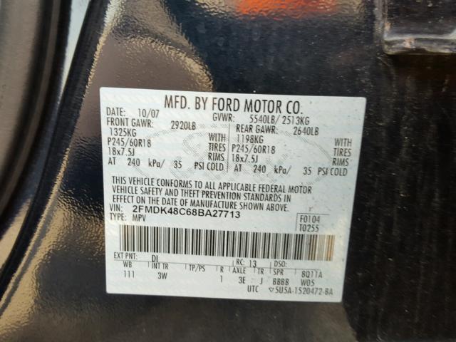 2FMDK48C68BA27713 - 2008 FORD EDGE SEL BLUE photo 10