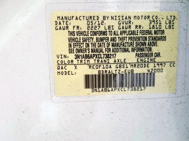 3N1AB6APXCL738217 - 2012 NISSAN SENTRA 2.0 WHITE photo 10