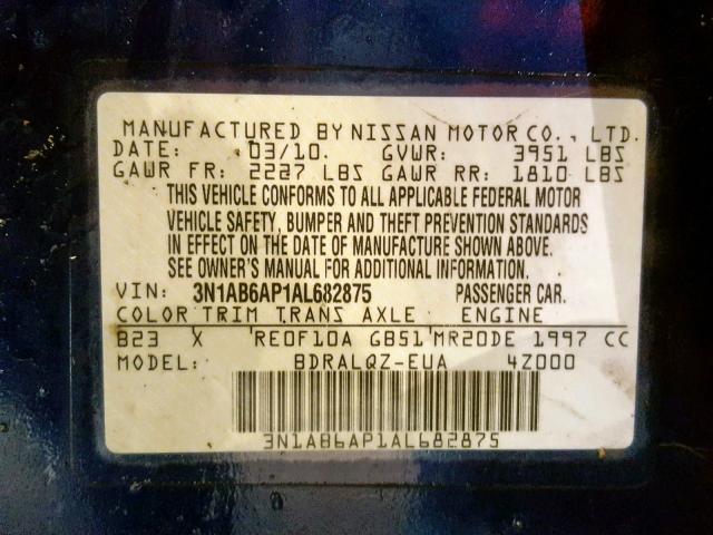 3N1AB6AP1AL682875 - 2010 NISSAN SENTRA 2.0 BLUE photo 10