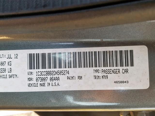 1C3CCBBB2DN505274 - 2013 CHRYSLER 200 TOURIN GRAY photo 10