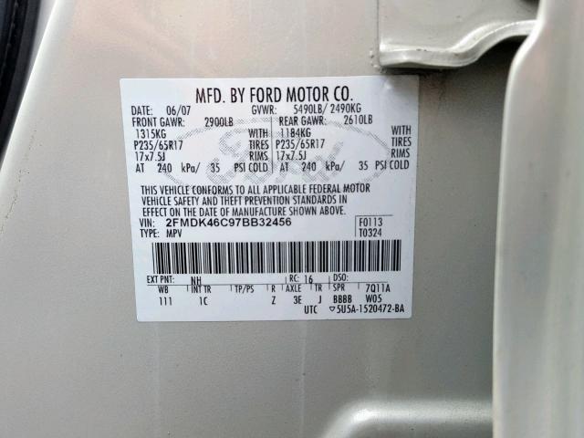 2FMDK46C97BB32456 - 2007 FORD EDGE SE CREAM photo 10