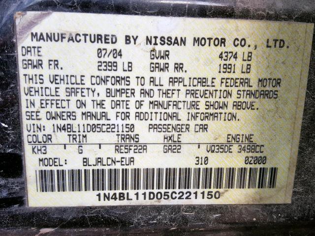 1N4BL11D05C221150 - 2005 NISSAN ALTIMA SE BLACK photo 10