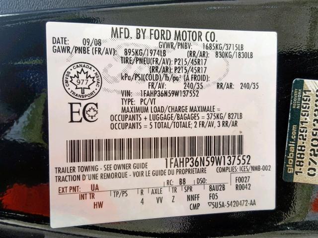 1FAHP36N59W137552 - 2009 FORD FOCUS SES BLACK photo 10