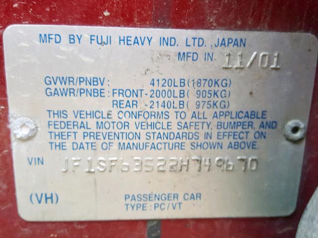 JF1SF63522H749670 - 2002 SUBARU FORESTER L SILVER photo 10