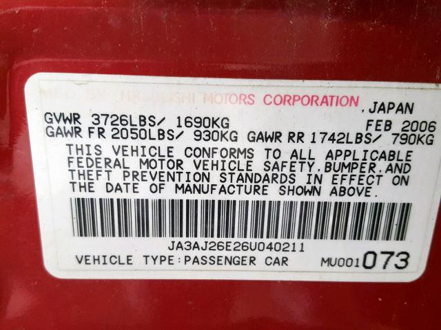 JA3AJ26E26U040211 - 2006 MITSUBISHI LANCER ES RED photo 10