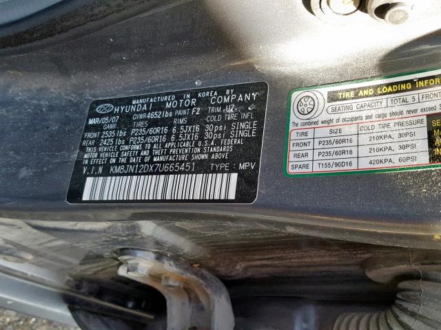 KM8JN12DX7U665451 - 2007 HYUNDAI TUCSON SE CHARCOAL photo 10