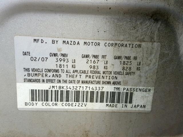 JM1BK343271714337 - 2007 MAZDA 3 HATCHBAC SILVER photo 10