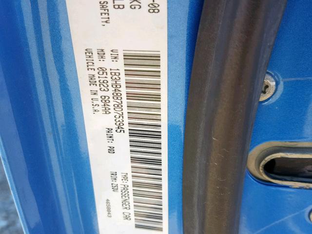 1B3HB48B78D753945 - 2008 DODGE CALIBER SX BLUE photo 10