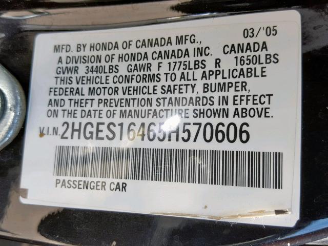 2HGES16465H570606 - 2005 HONDA CIVIC DX BLACK photo 10