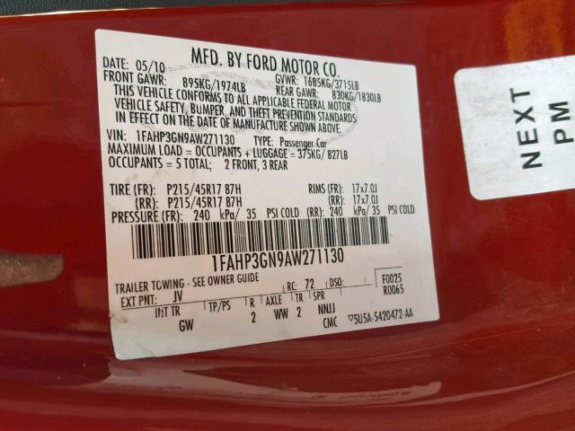 1FAHP3GN9AW271130 - 2010 FORD FOCUS SES RED photo 10