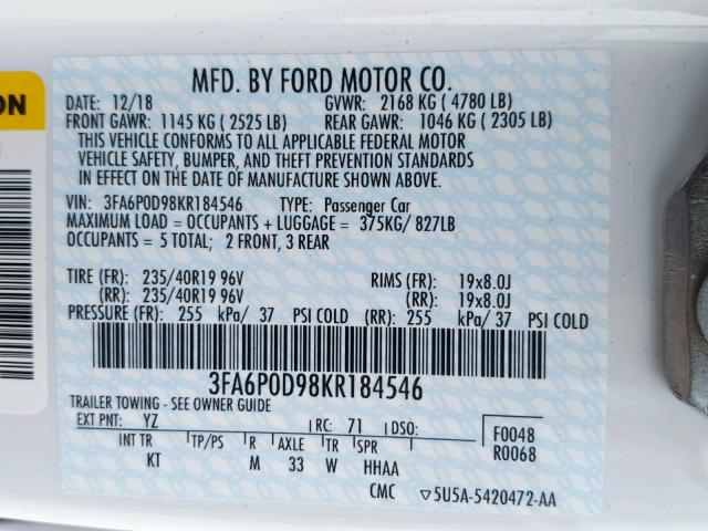 3FA6P0D98KR184546 - 2019 FORD FUSION TIT WHITE photo 10