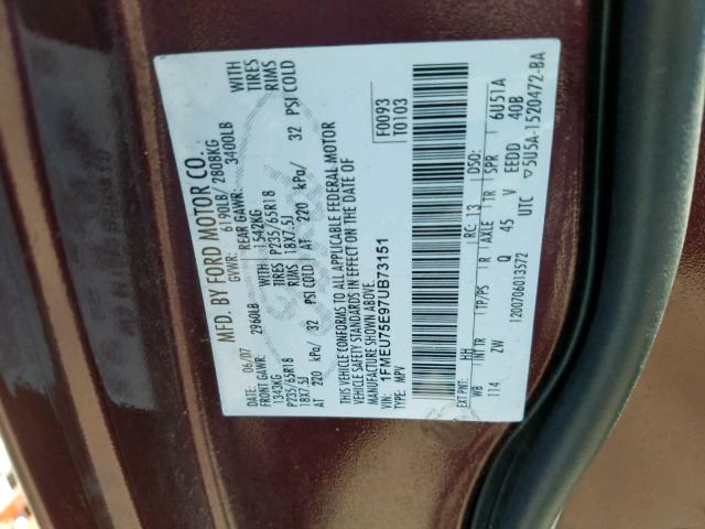 1FMEU75E97UB73151 - 2007 FORD EXPLORER L BURGUNDY photo 10