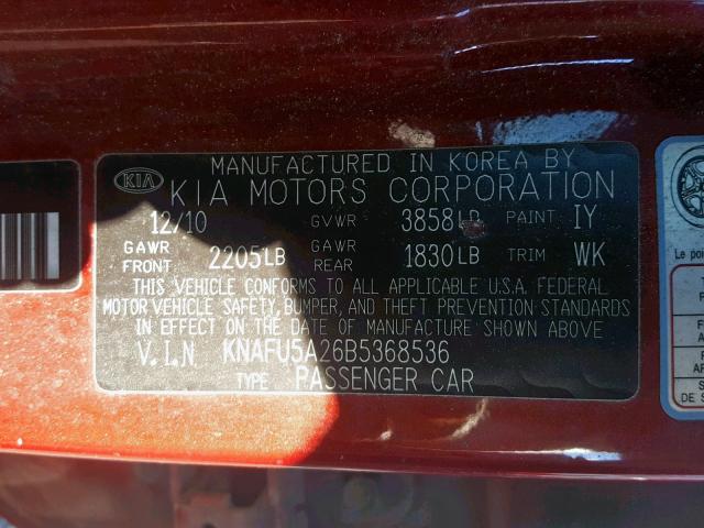 KNAFU5A26B5368536 - 2011 KIA FORTE EX RED photo 10