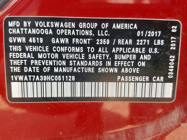 1VWAT7A39HC051128 - 2017 VOLKSWAGEN PASSAT S MAROON photo 10