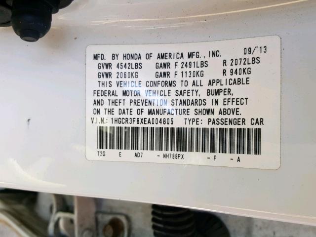 1HGCR3F8XEA004805 - 2014 HONDA ACCORD EXL WHITE photo 10