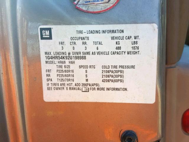 1G4HR54K92U198988 - 2002 BUICK LESABRE LI TAN photo 10