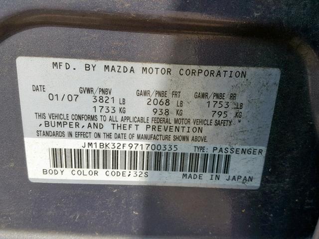 JM1BK32F971700335 - 2007 MAZDA 3 I GRAY photo 10