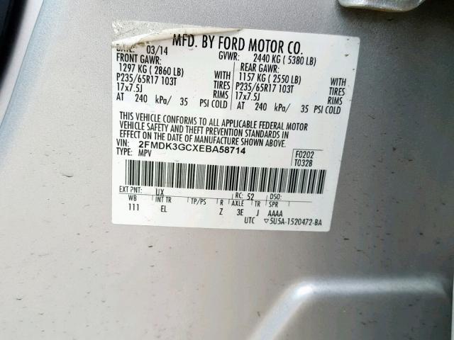 2FMDK3GCXEBA58714 - 2014 FORD EDGE SE SILVER photo 10