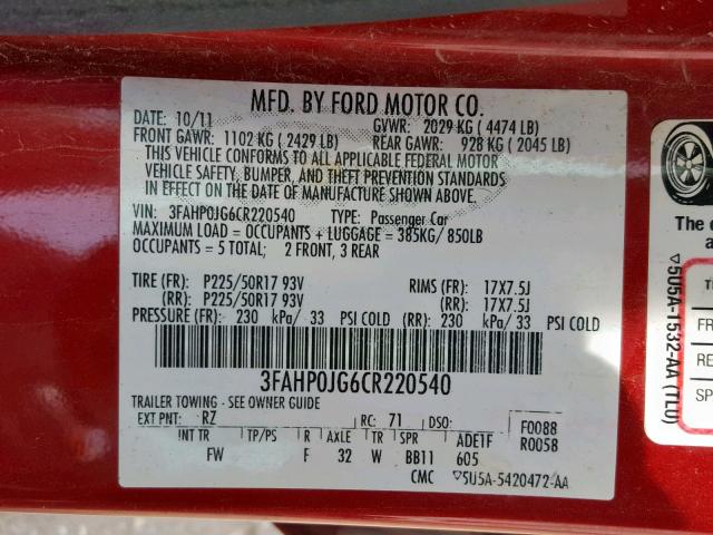 3FAHP0JG6CR220540 - 2012 FORD FUSION SEL RED photo 10