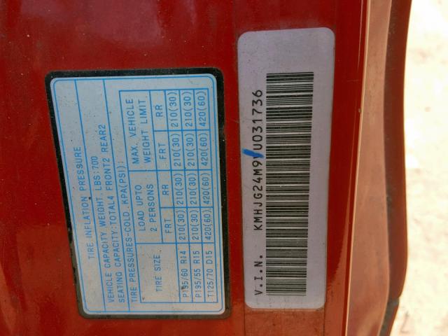 KMHJG24M9VU031736 - 1997 HYUNDAI TIBURON RED photo 10