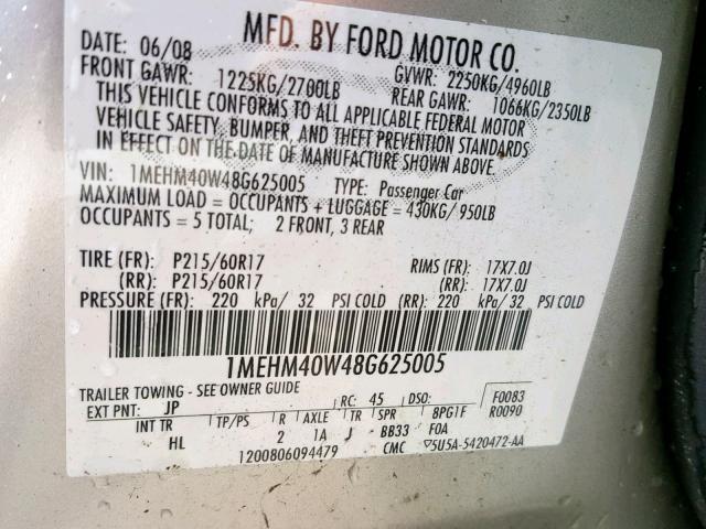 1MEHM40W48G625005 - 2008 MERCURY SABLE LUXU SILVER photo 10