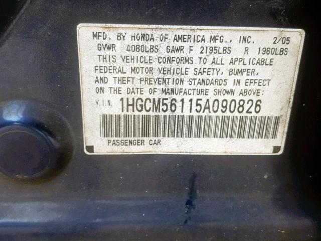 1HGCM56115A090826 - 2005 HONDA ACCORD DX BLUE photo 10