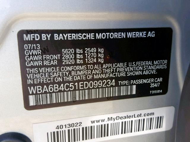 WBA6B4C51ED099234 - 2014 BMW 650 XI BLACK photo 10