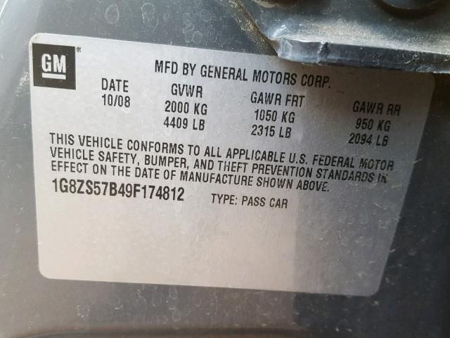 1G8ZS57B49F174812 - 2009 SATURN AURA XE GRAY photo 10