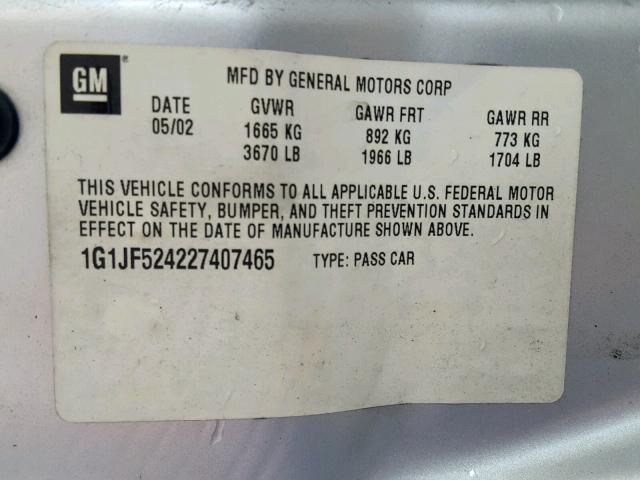 1G1JF524227407465 - 2002 CHEVROLET CAVALIER L SILVER photo 10