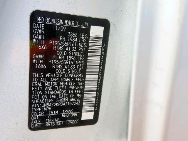 JN8AZ2KR0AT157243 - 2010 NISSAN CUBE BASE WHITE photo 10