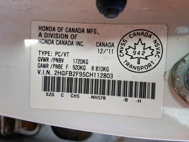 2HGFB2F95CH112803 - 2012 HONDA CIVIC EXL Ağ foto 10