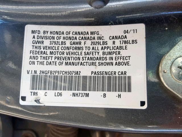 2HGFB2F97CH507582 - 2012 HONDA CIVIC EXL 灰色 照片 10