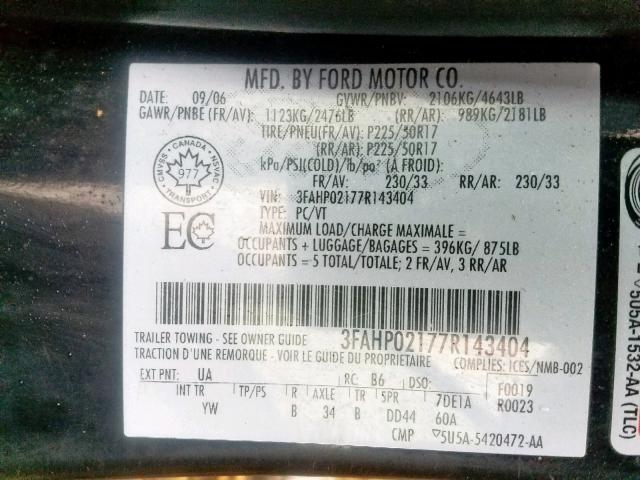 3FAHP02177R143404 - 2007 FORD FUSION SEL BLACK photo 10