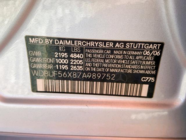 WDBUF56X87A989752 - 2007 MERCEDES-BENZ E 350 SILVER photo 10