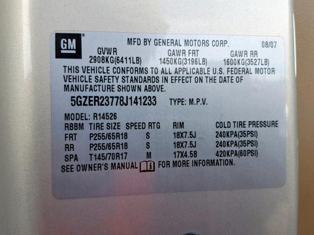 5GZER23778J141233 - 2008 SATURN OUTLOOK XR TAN photo 10