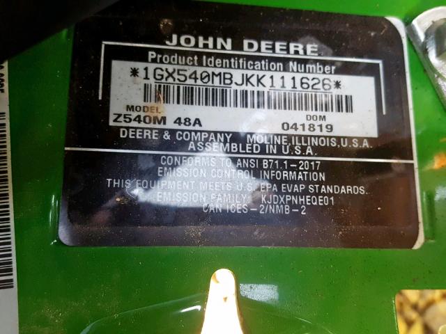 1GX540MBJKK111626 - 2019 JOHN DEERE RIDING LAW GREEN photo 10