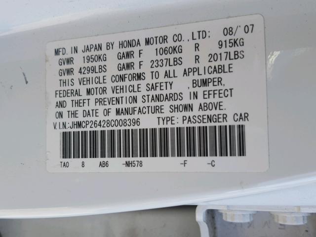 JHMCP26428C008396 - 2008 HONDA ACCORD LXP WHITE photo 10