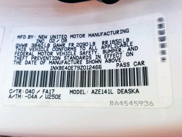 1NXBE40E79Z012466 - 2009 TOYOTA COROLLA XR 白色 照片 10