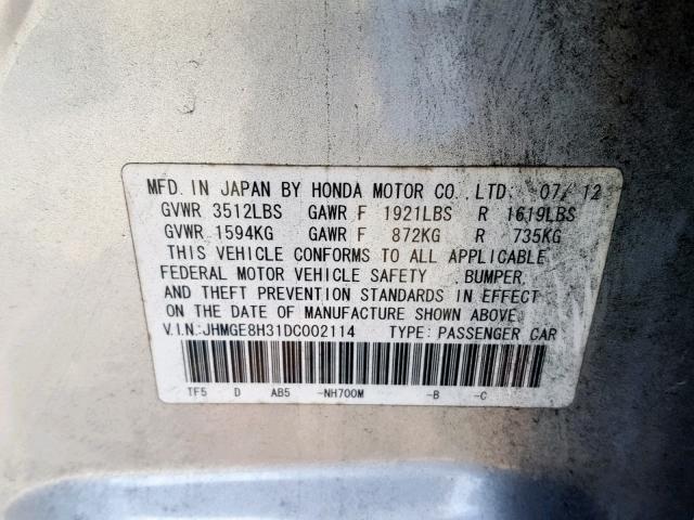 JHMGE8H31DC002114 - 2013 HONDA FIT SILVER photo 10