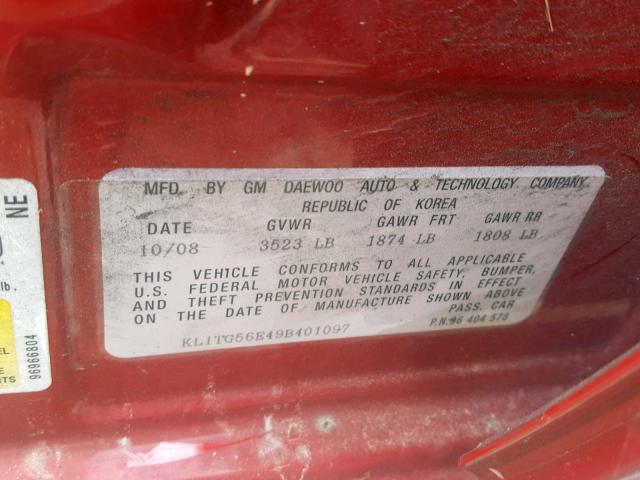 KL1TG56E49B401097 - 2009 CHEVROLET AVEO LT RED photo 10