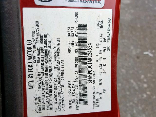 3FAHP0DC1AR224534 - 2010 FORD FUSION SPO RED photo 10